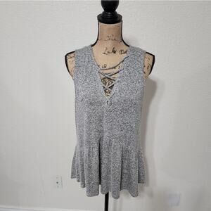 Express Gray Marl Lace Up V-Neck Peplum Sleeveless Knit Top Large